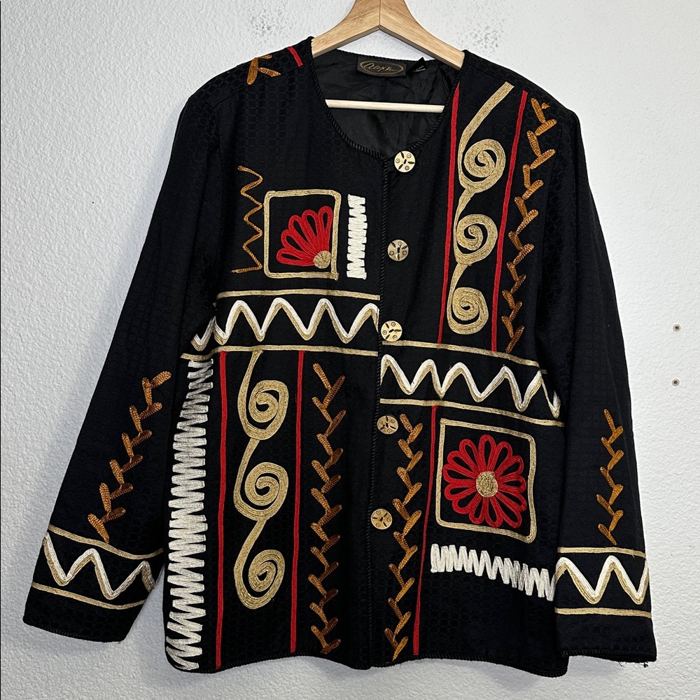 Alex Kim Blazer Wood Buttons Embellished Textured Black Artsy Womens XL‎ Jacket